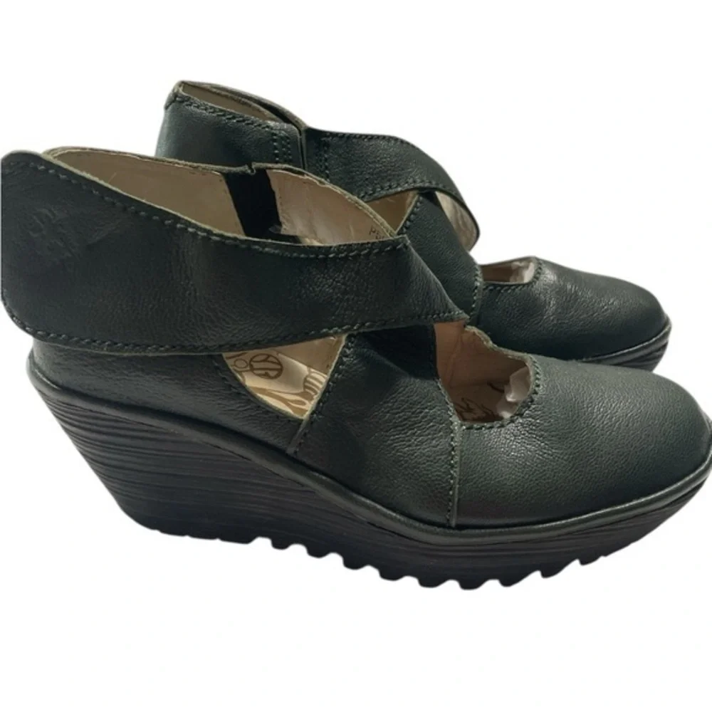 Fly London Dark Green Leather Wedge Sandals